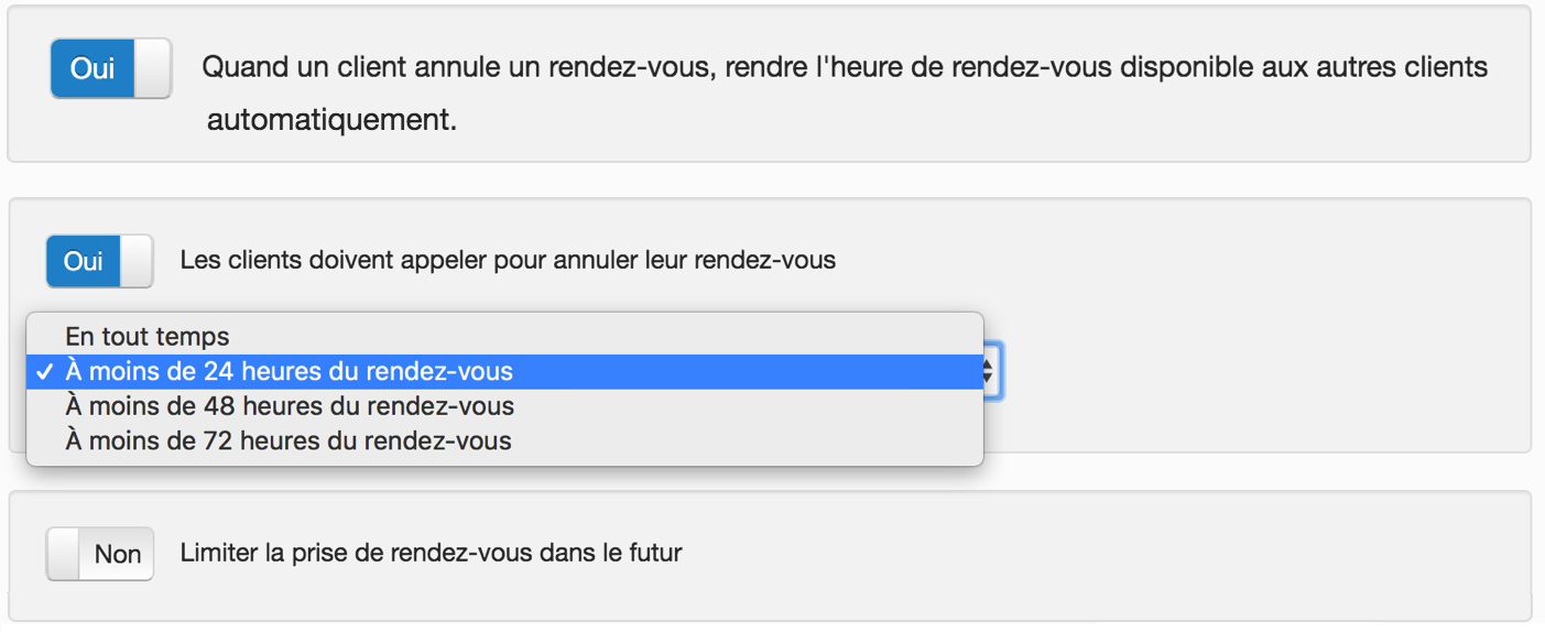 Une vue d'ensemble des paramètres permettant de personnaliser la gestion d'annulations