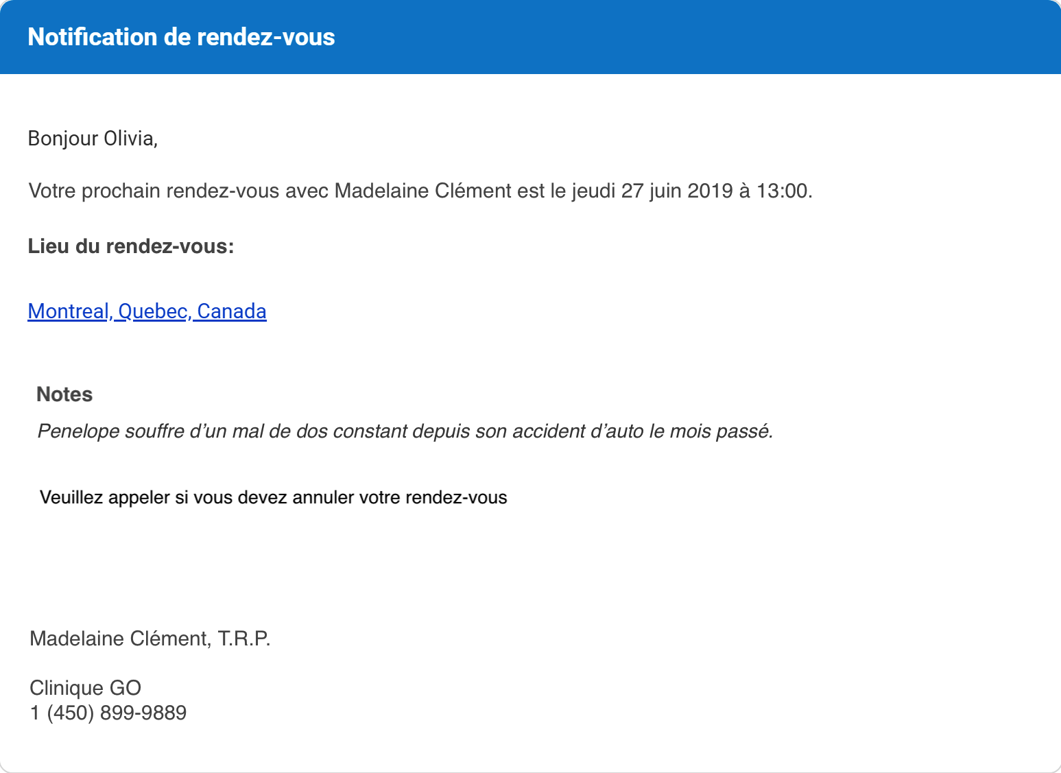 Le courriel de confirmation reçu par un client après avoir pris rendez-vous sur GOrendezvous