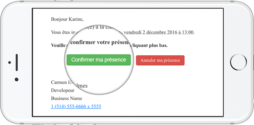 Un téléphone affichant un rappel par courrier électronique avec le bouton 'confirmer ma présence' agrandi