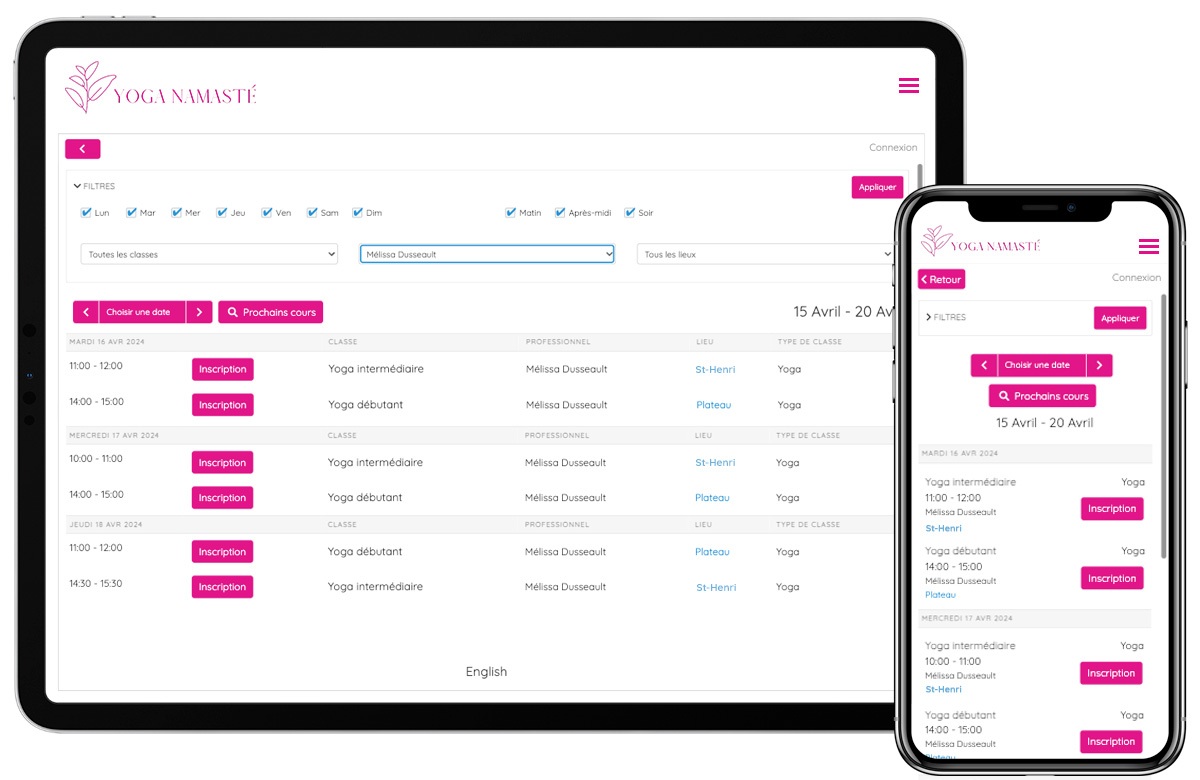 L'horaire des cours de GOrendezvous sur iPad et iPhone, affichant les filtres disponibles et les informations des cours à venir