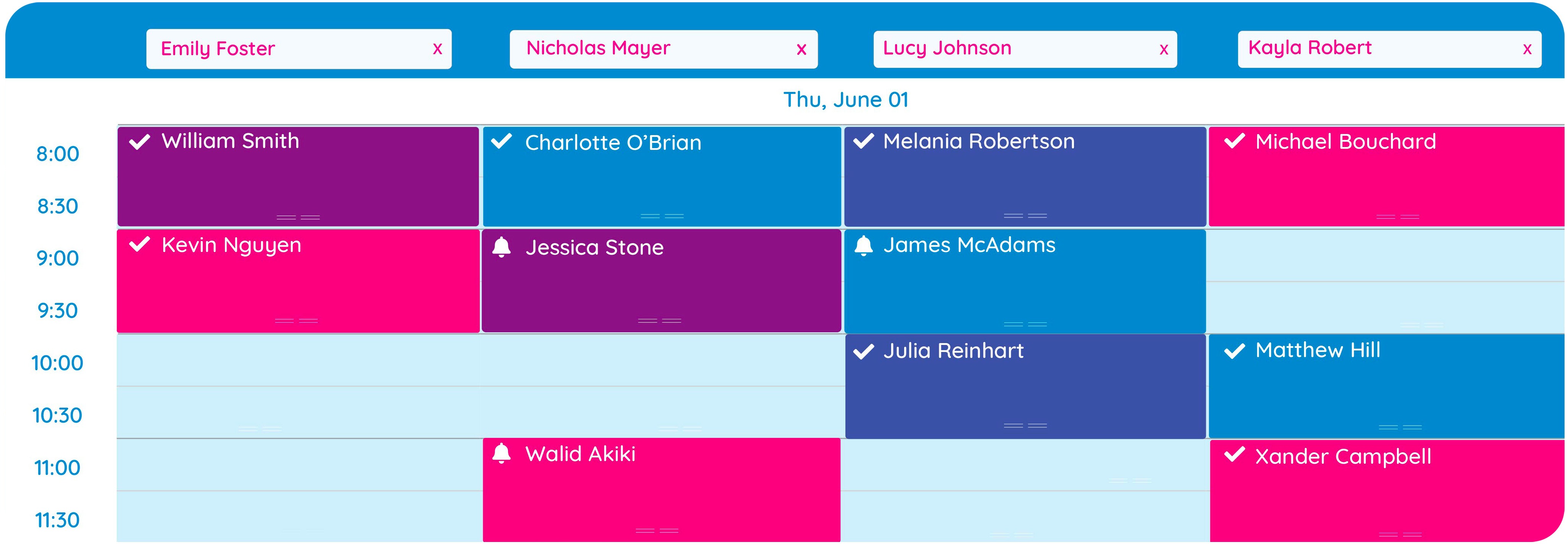 A view of a GOrendezvous schedule showing 4 professionals' daily schedules